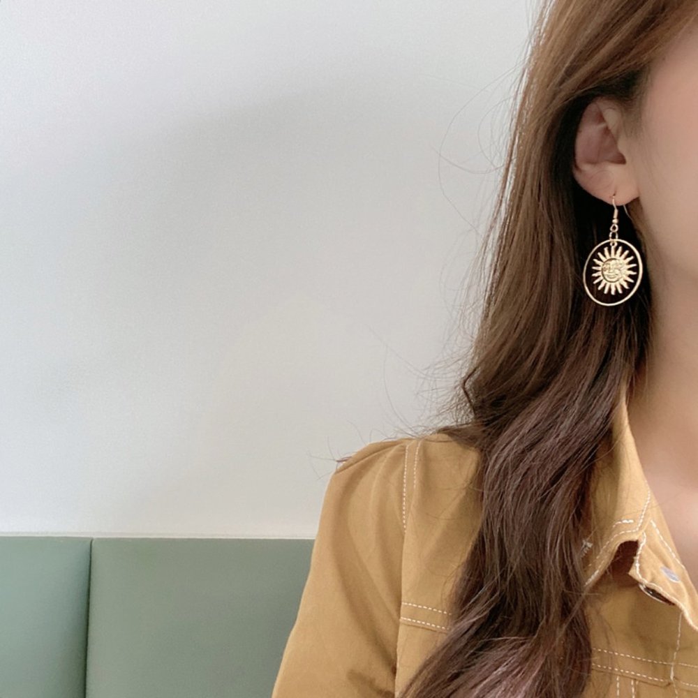 Bright Gold Shiny Sun Face Earrings - Picture 5 of 6